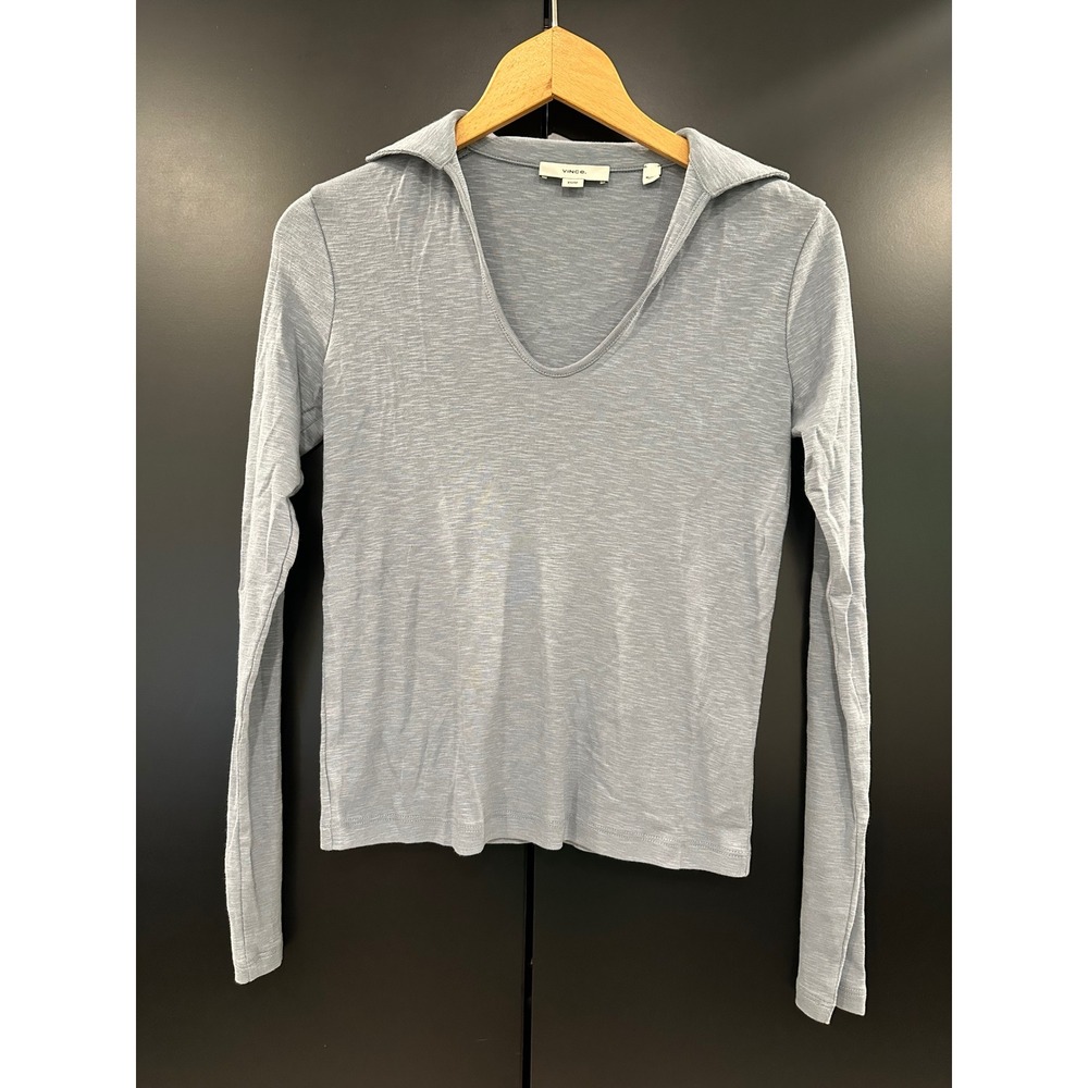 Vince Light Blue Slub Knit Long Sleeve Polo V-Neck Top V044684882 XS